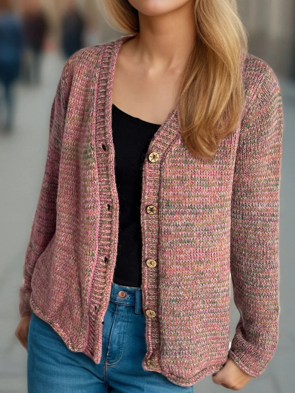 Heathered V-Neck Long Sleeve Cardigan - Fashorio