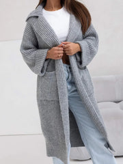 Pocketed Collared Neck Dropped Shoulder Cardigan Gray One Size - Fashorio
