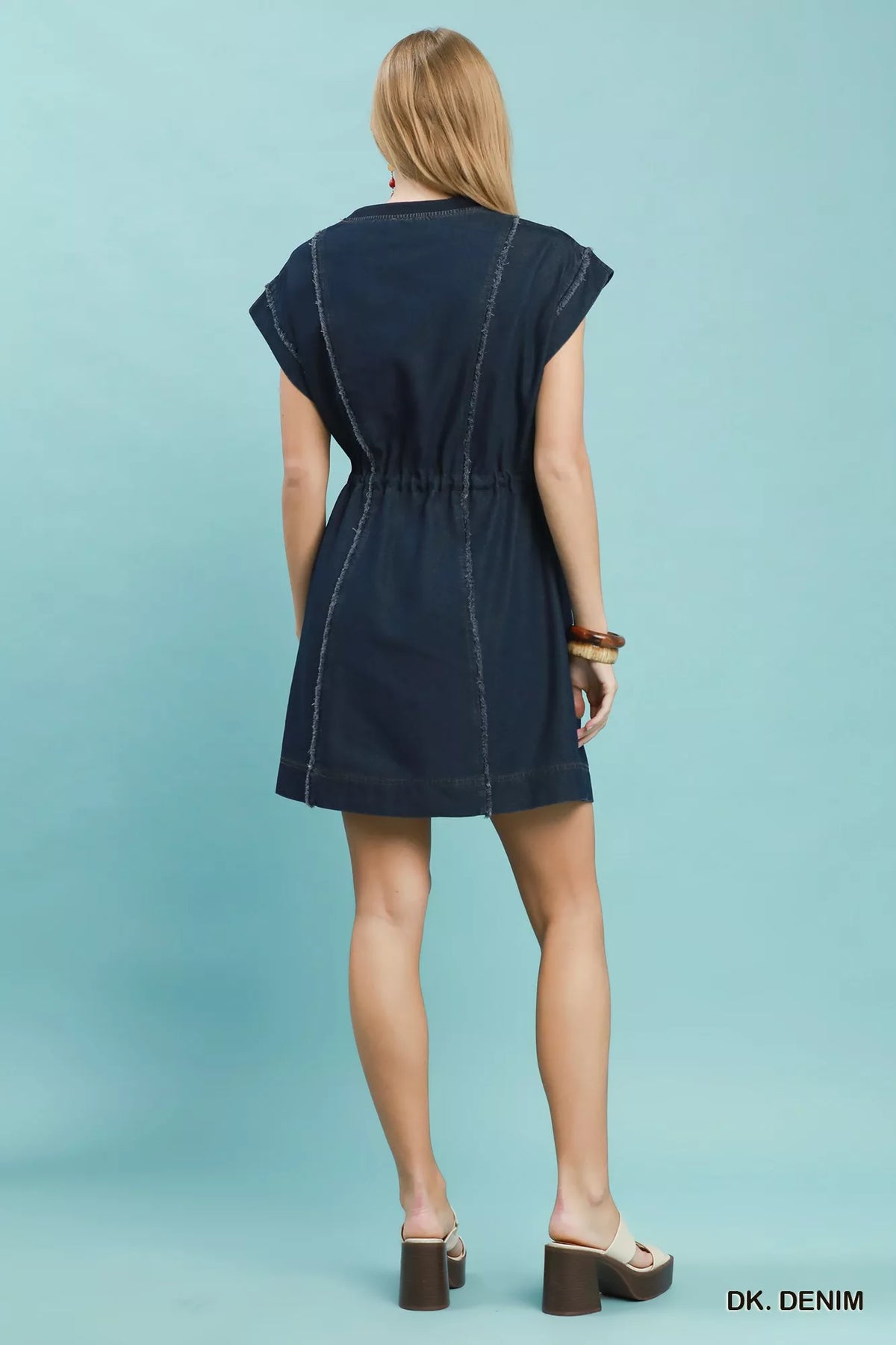 Dark denim frayed drawstring waist mini dress styled view
