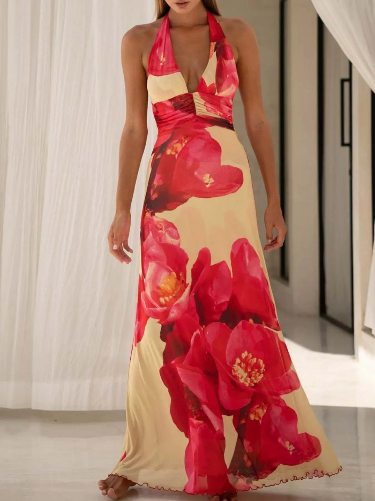floral halter deep v maxi dress detail view