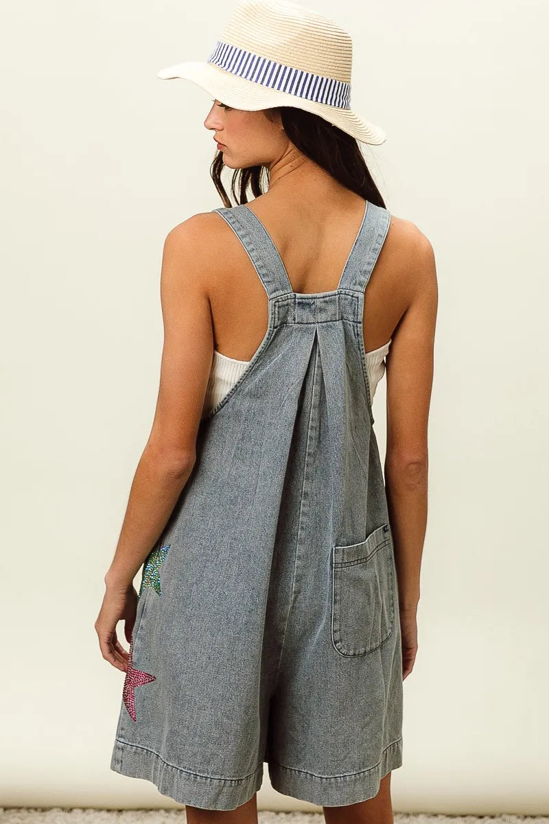 BiBi Star Rhinestone Washed Wide Leg Shortalls - Fashorio