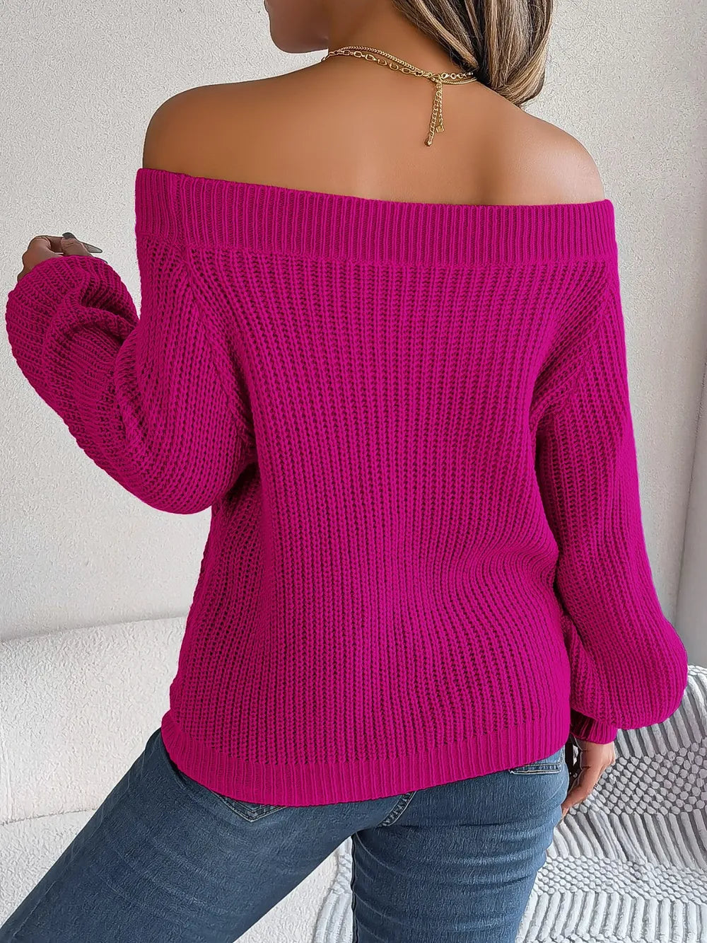 Openwork Off-Shoulder Long Sleeve Sweater - Fashorio