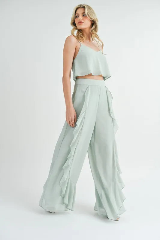 MABLE Crop Cami and Ruffled Wide Leg Pants Set - Fashorio