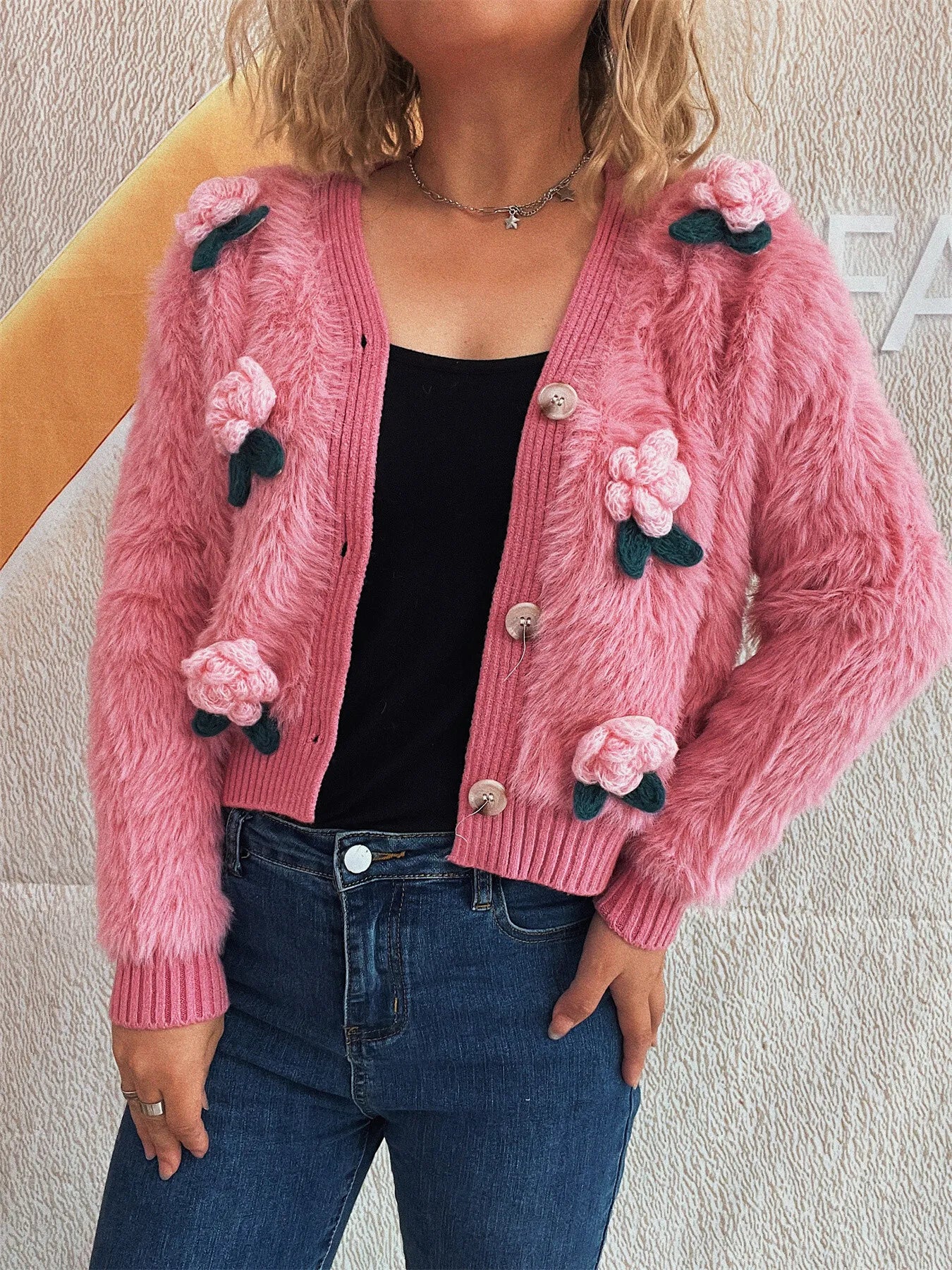 Flower Fuzzy Button-Up Cardigan - Fashorio