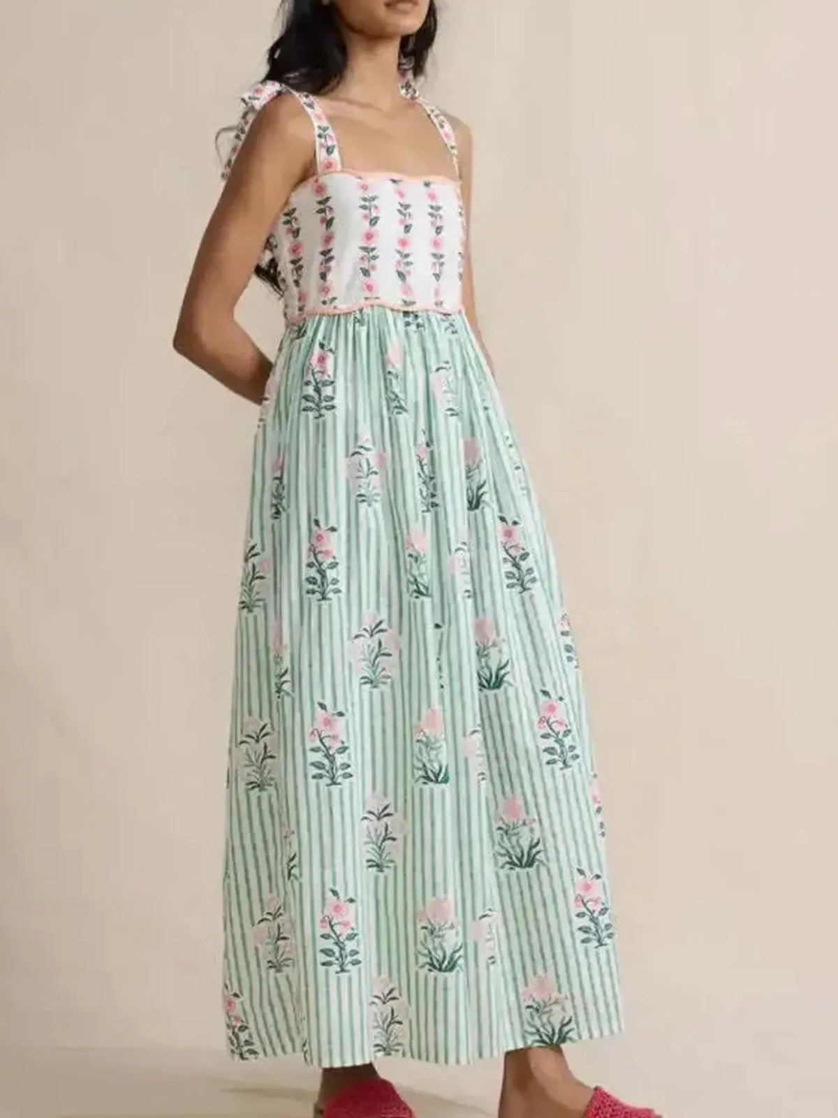 Floral striped cami maxi dress side view