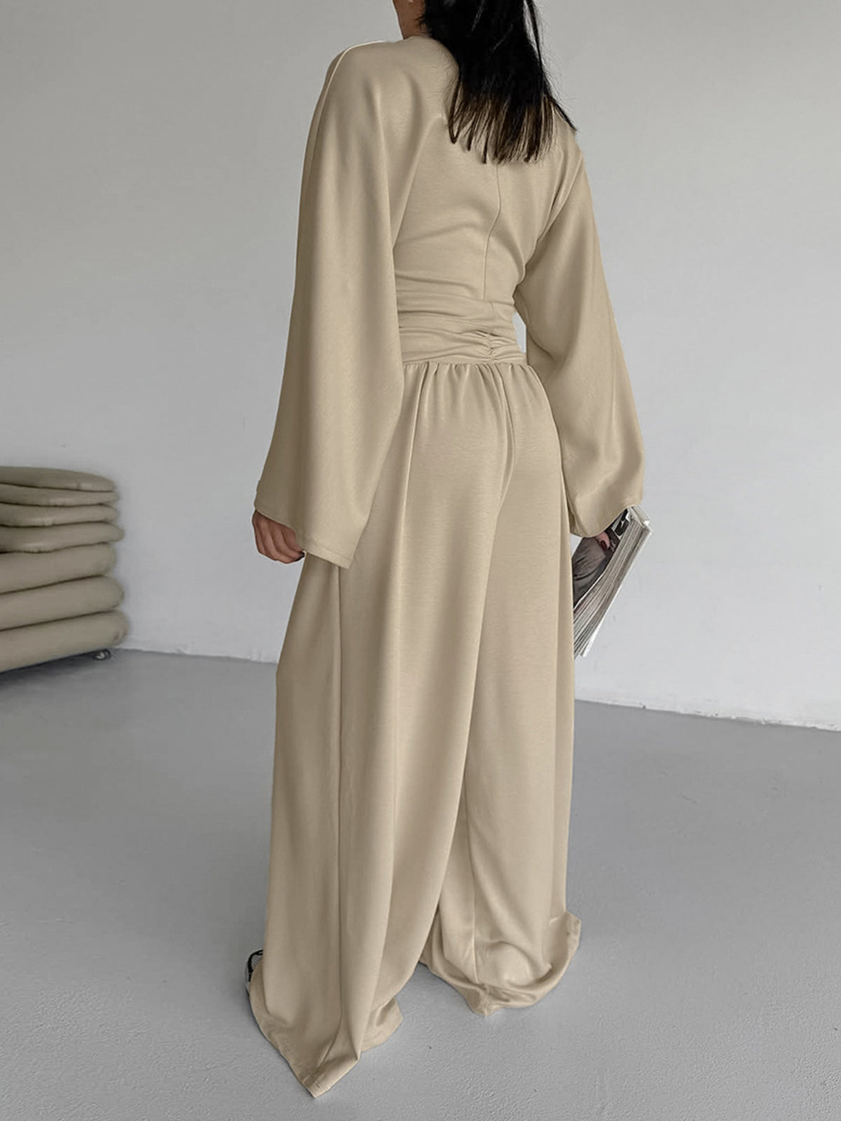 Khaki wide leg pants two piece set side view