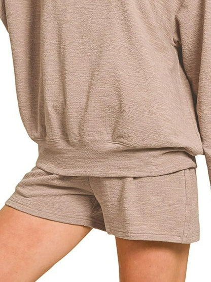Zenana Slub Long Sleeve Top and Shorts Set - Fashorio