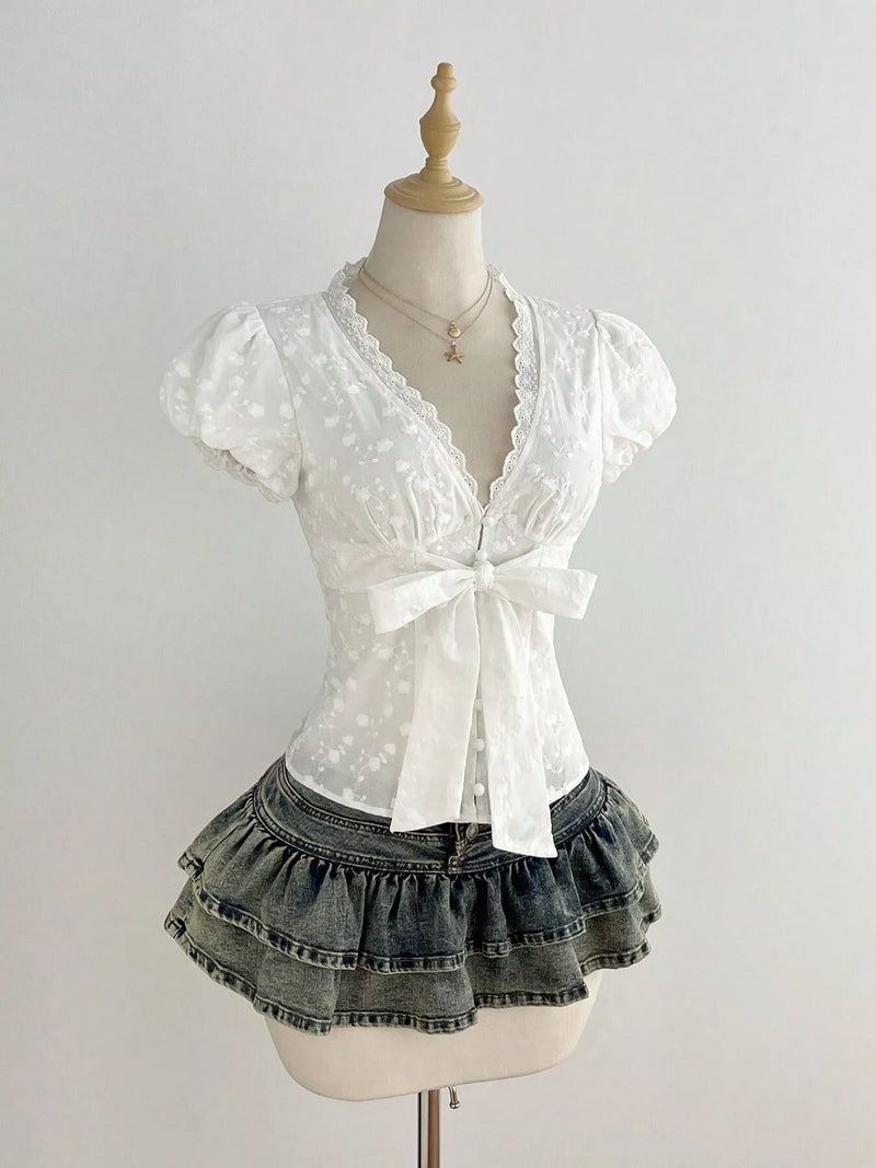 White lace detail bow front blouse front view
