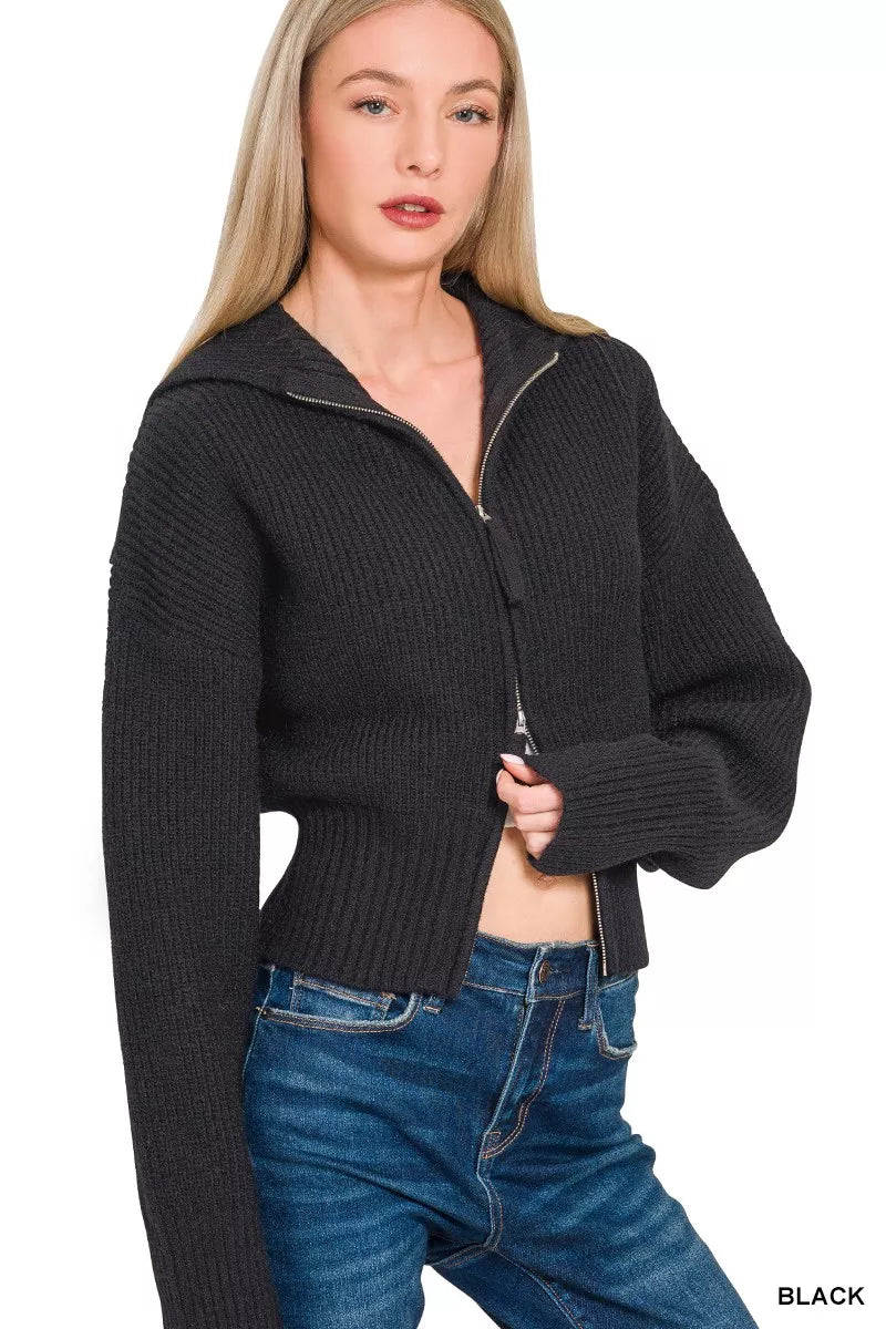 Ribbed Collared Zip Up Cardigan in Black side view