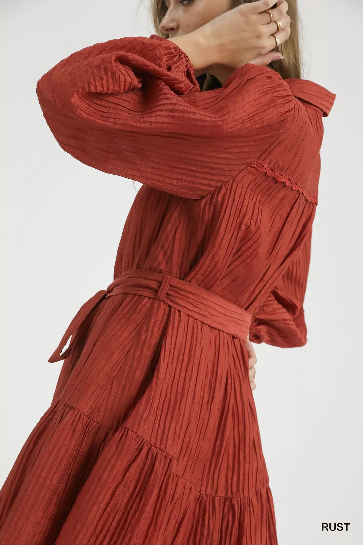 Crinkle Button Front Tiered Mini Dress in Rust styled look