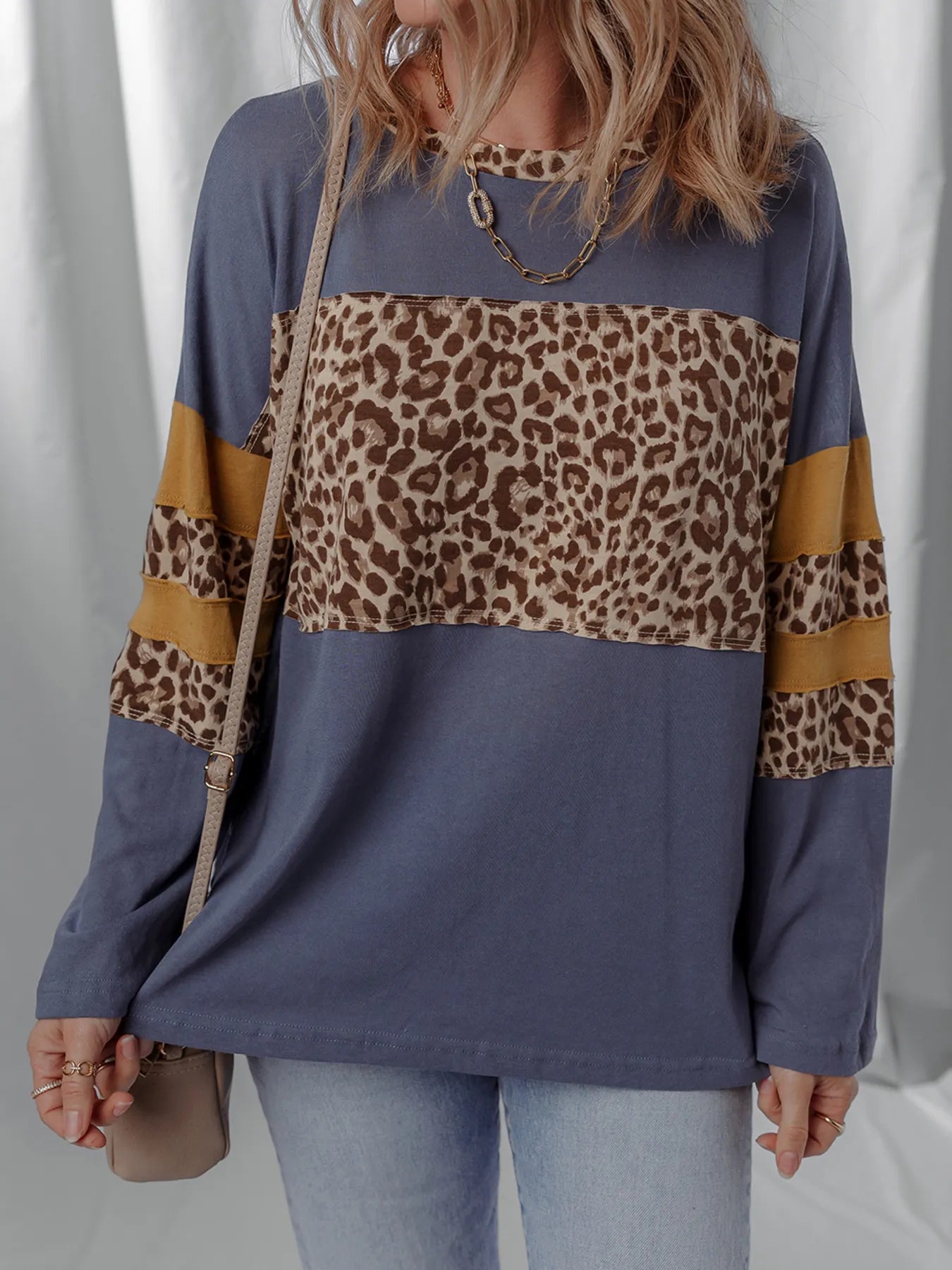 Leopard Color Block Long Sleeve Drop Shoulder Top Dark Blue - Fashorio