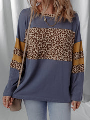 Leopard Color Block Long Sleeve Drop Shoulder Top Dark Blue - Fashorio