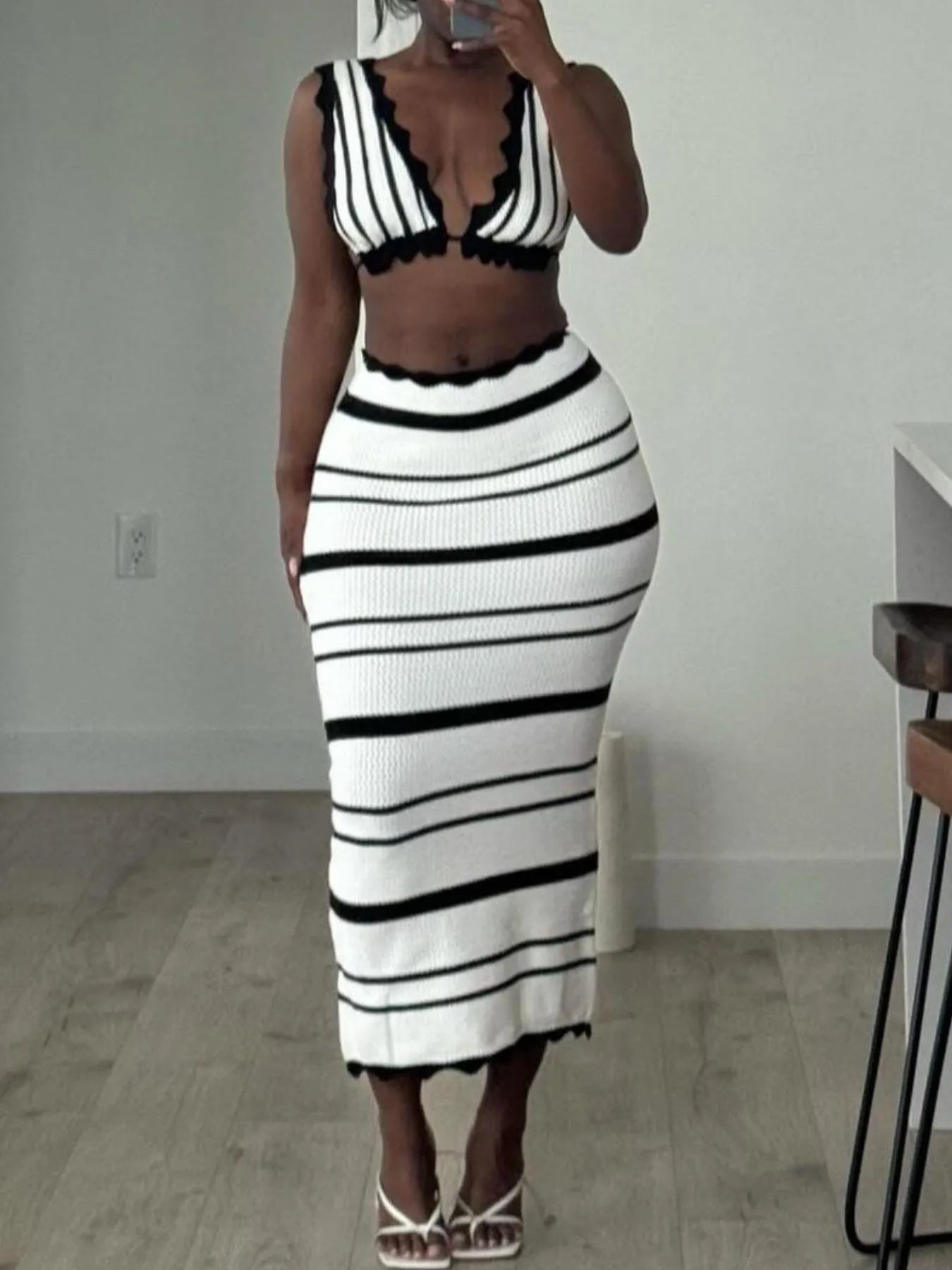 Striped Cami and Midi Skirt Sweater Set - Fashorio