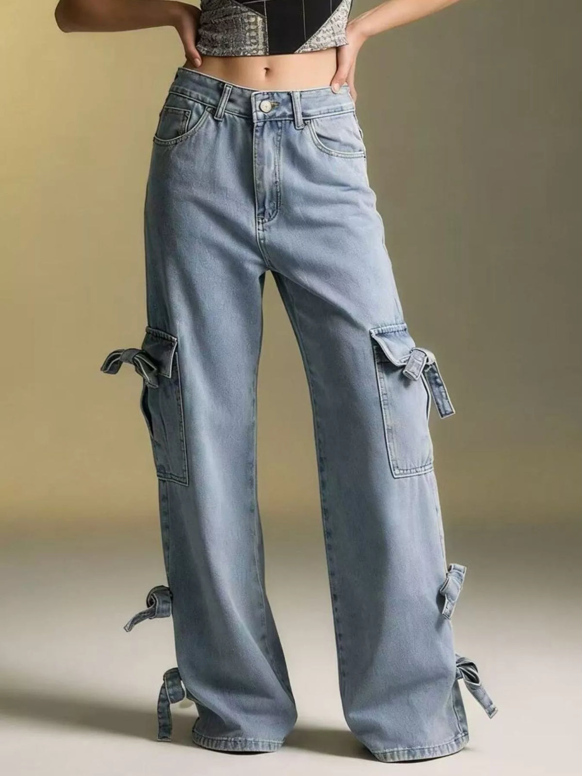 Bow detail on wide leg denim