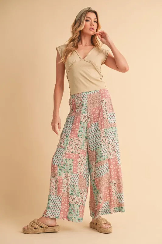 Printed wide leg pants side profile on model