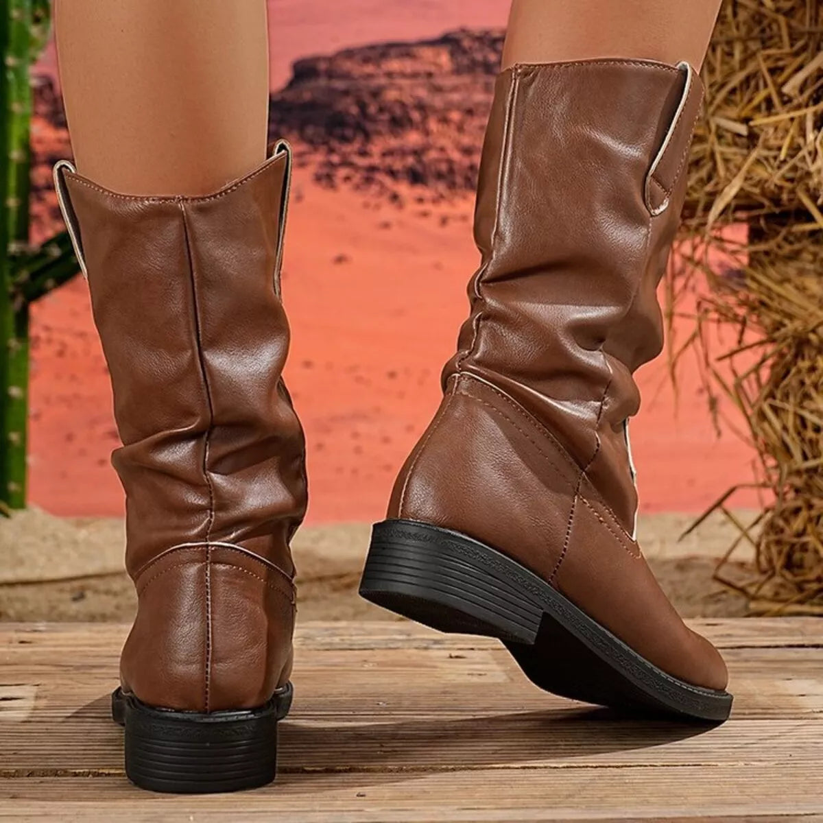 Round toe block heel boots back heel view