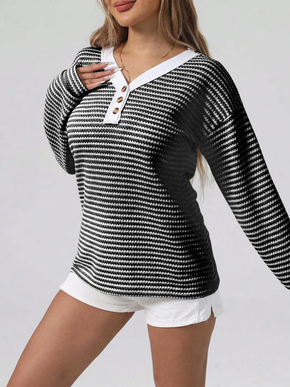 Striped Button Detail Long Sleeve Top - Fashorio