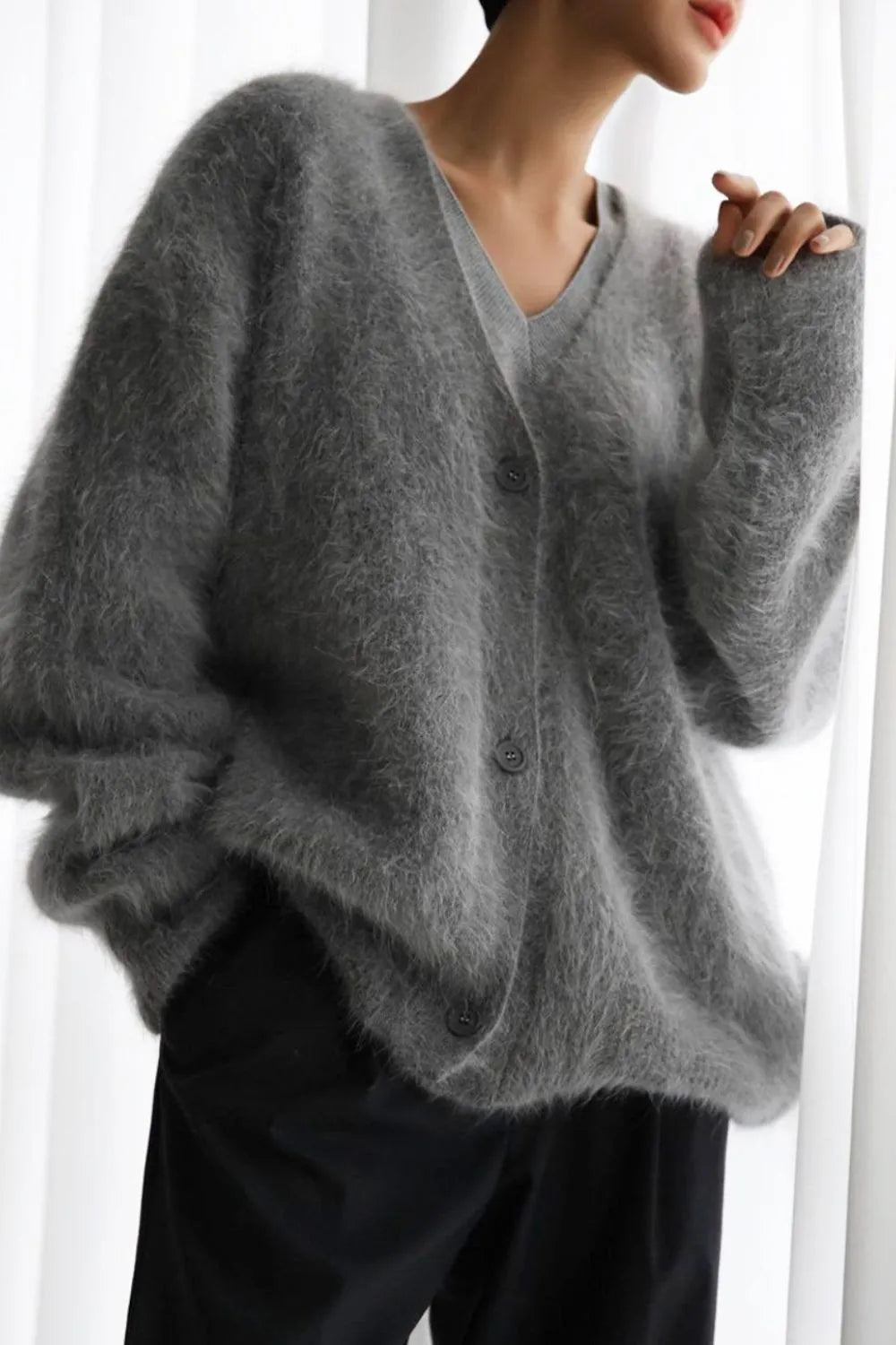 Fuzzy Button Down Long Sleeve Cardigan Dark Gray - Fashorio