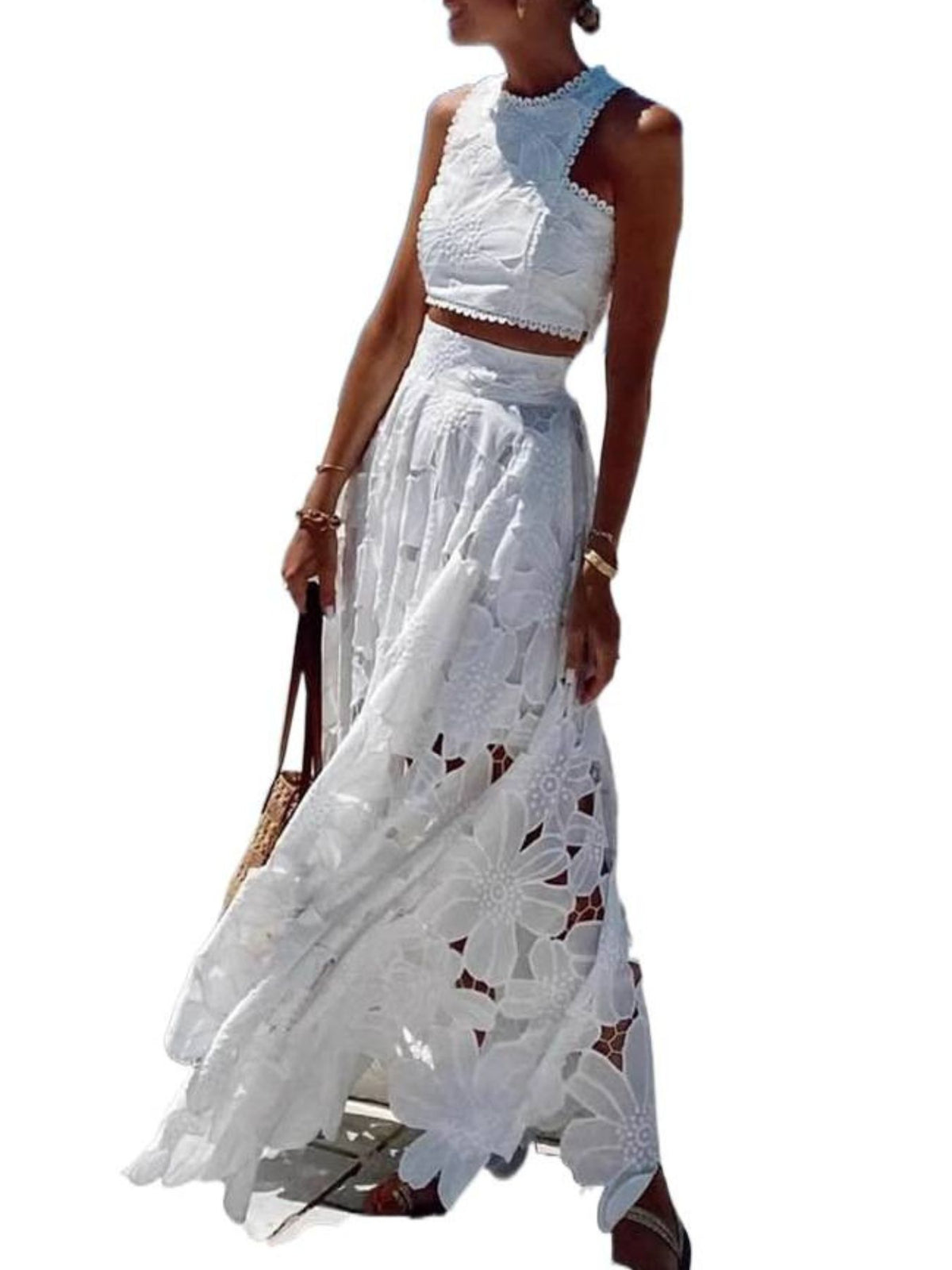 White matching floral lace tank and skirt set detail