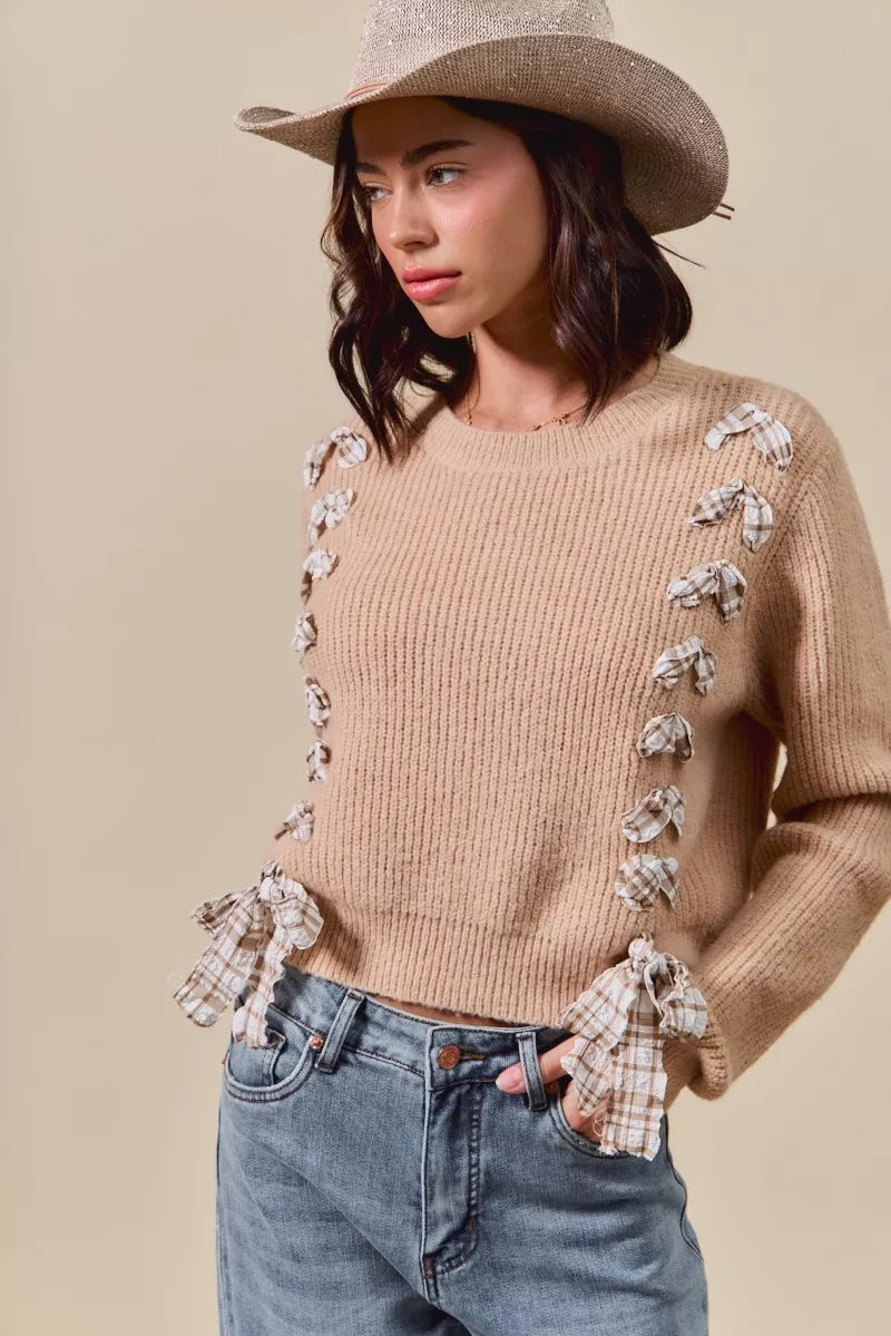 Checkered Plaid Lace Up Ribbed Sweater in Taupe on model