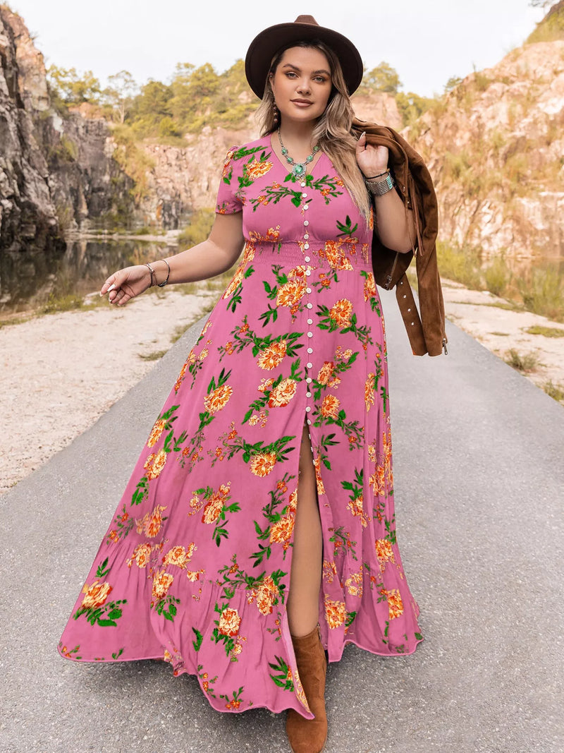 fuchsia pink plus size fuchsia floral V neck short sleeve maxi dress front view