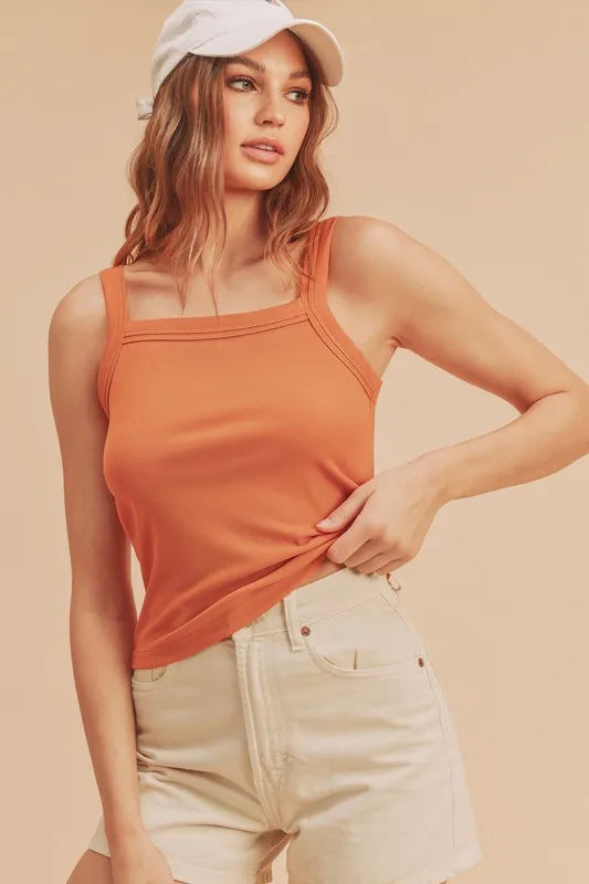 Pumpkin orange square neck wide strap tank front view