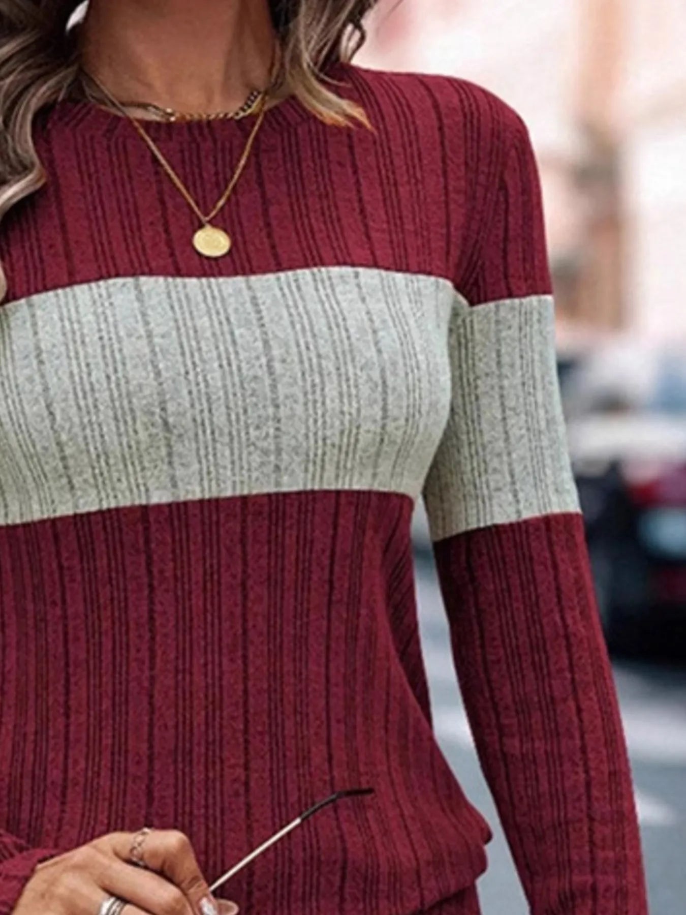 Color Block Round Neck Long Sleeve Sweater - Fashorio