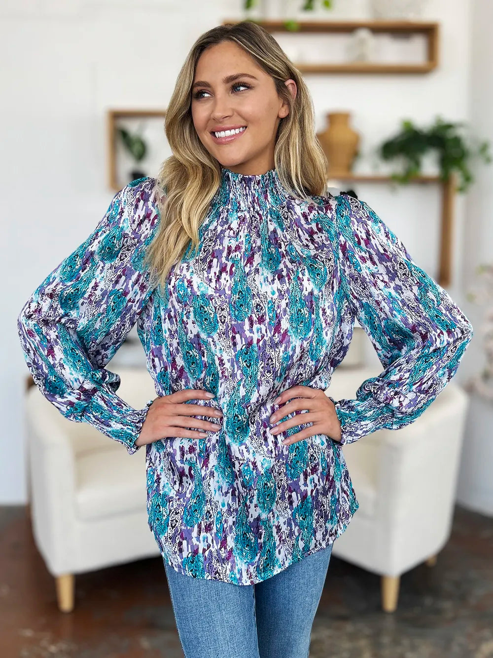 Green colorway of the long sleeve blouse