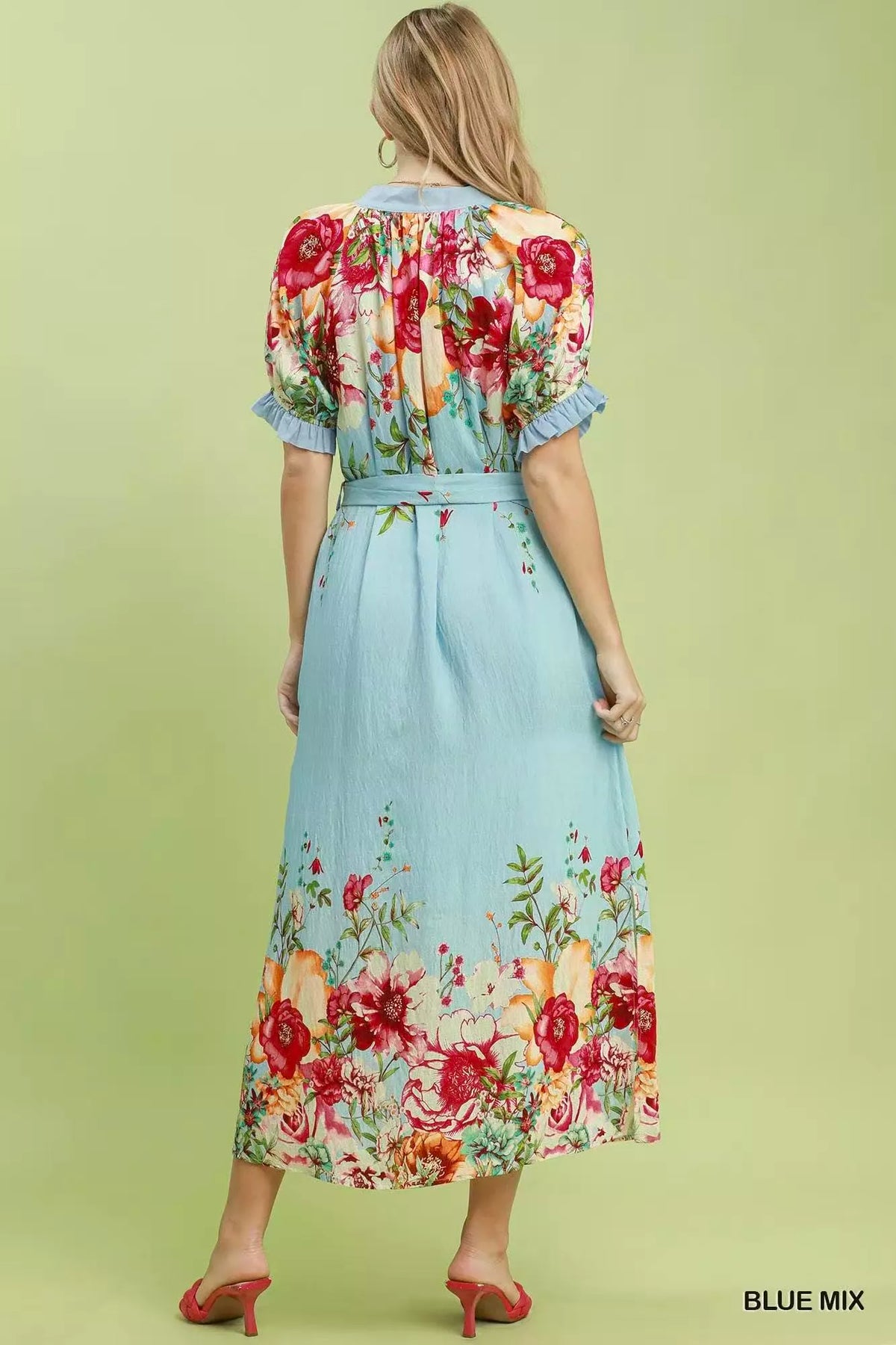 Umgee mixed floral border print midi dress in blue styled view