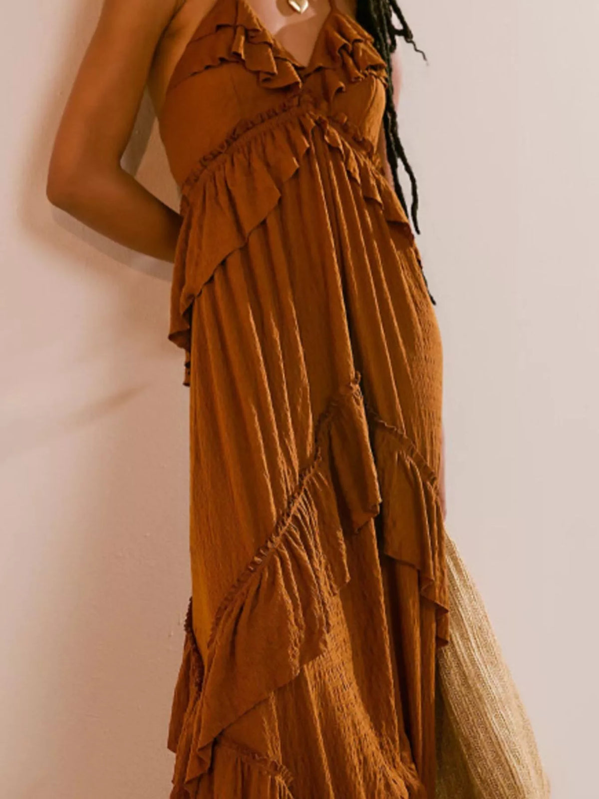 Ruffled tie halter neck maxi dress side view