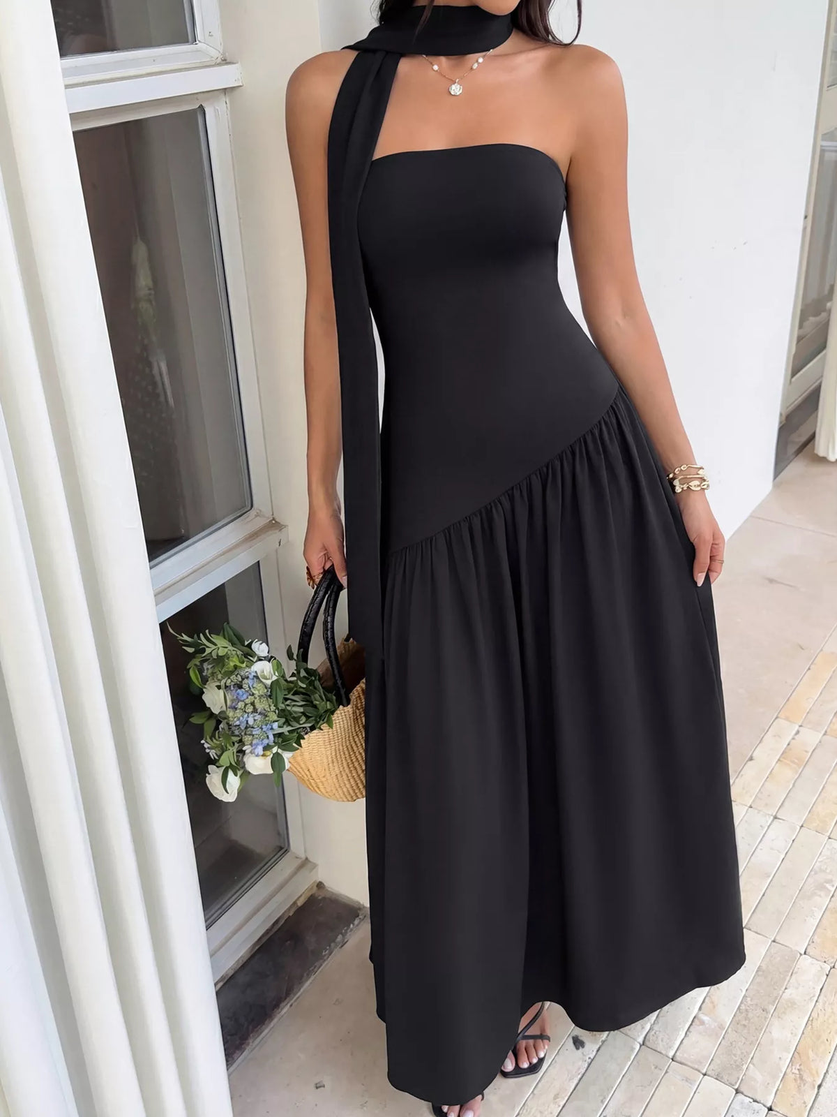 Strapless tube maxi dress with matching scarf