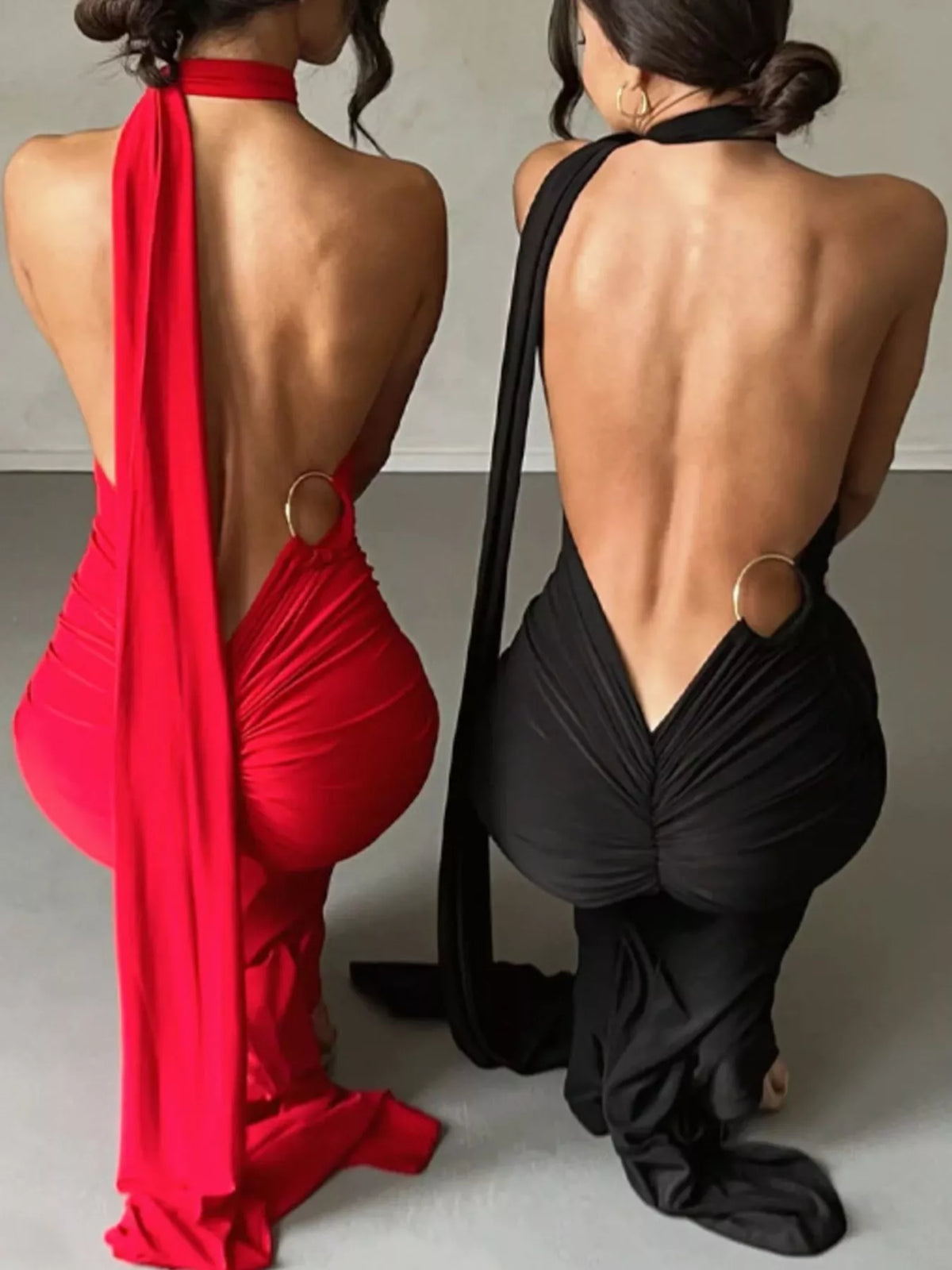 One Shoulder Ruched Bodycon Maxi Dress back view