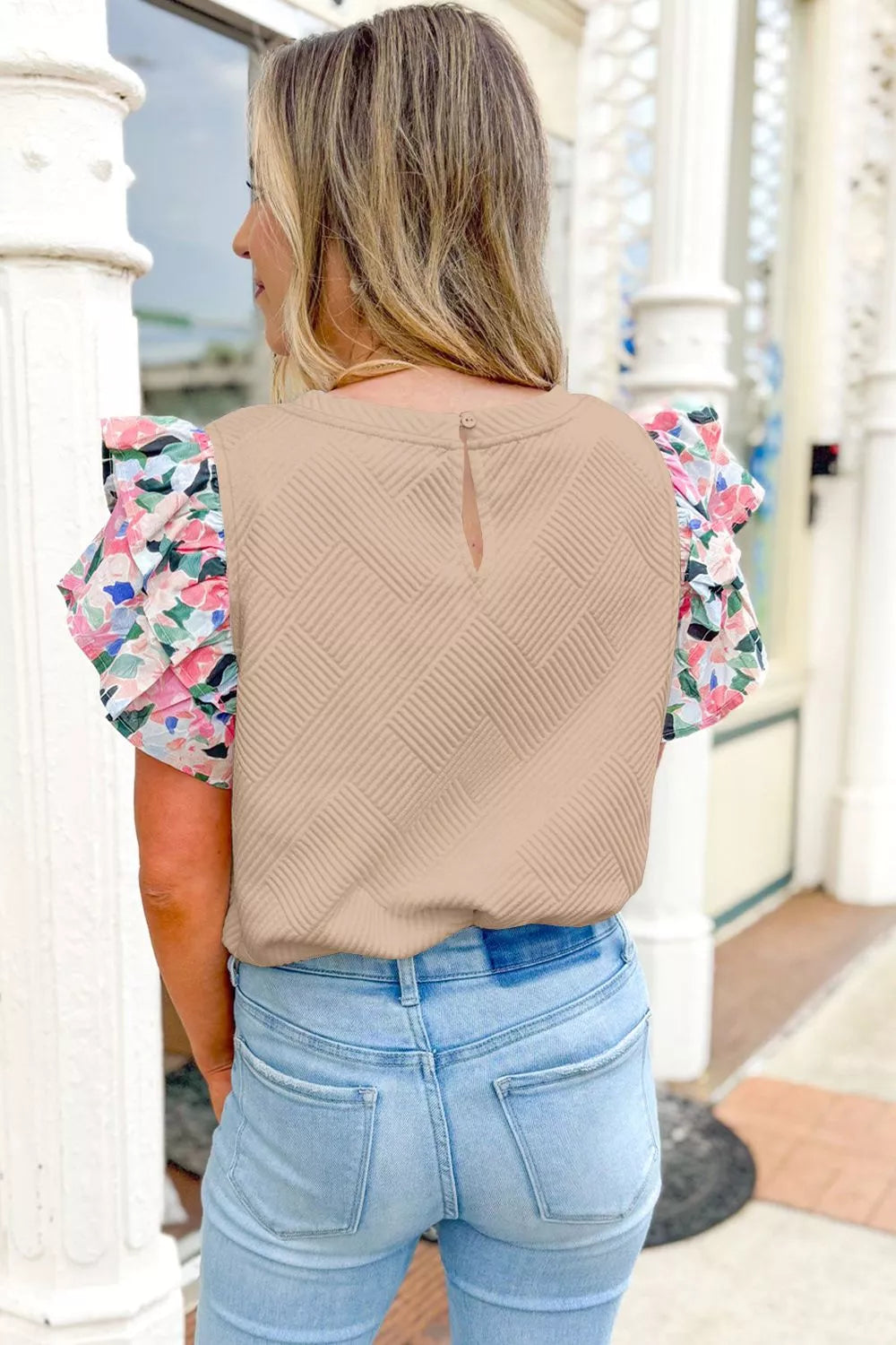 Close view of the textured floral fabric