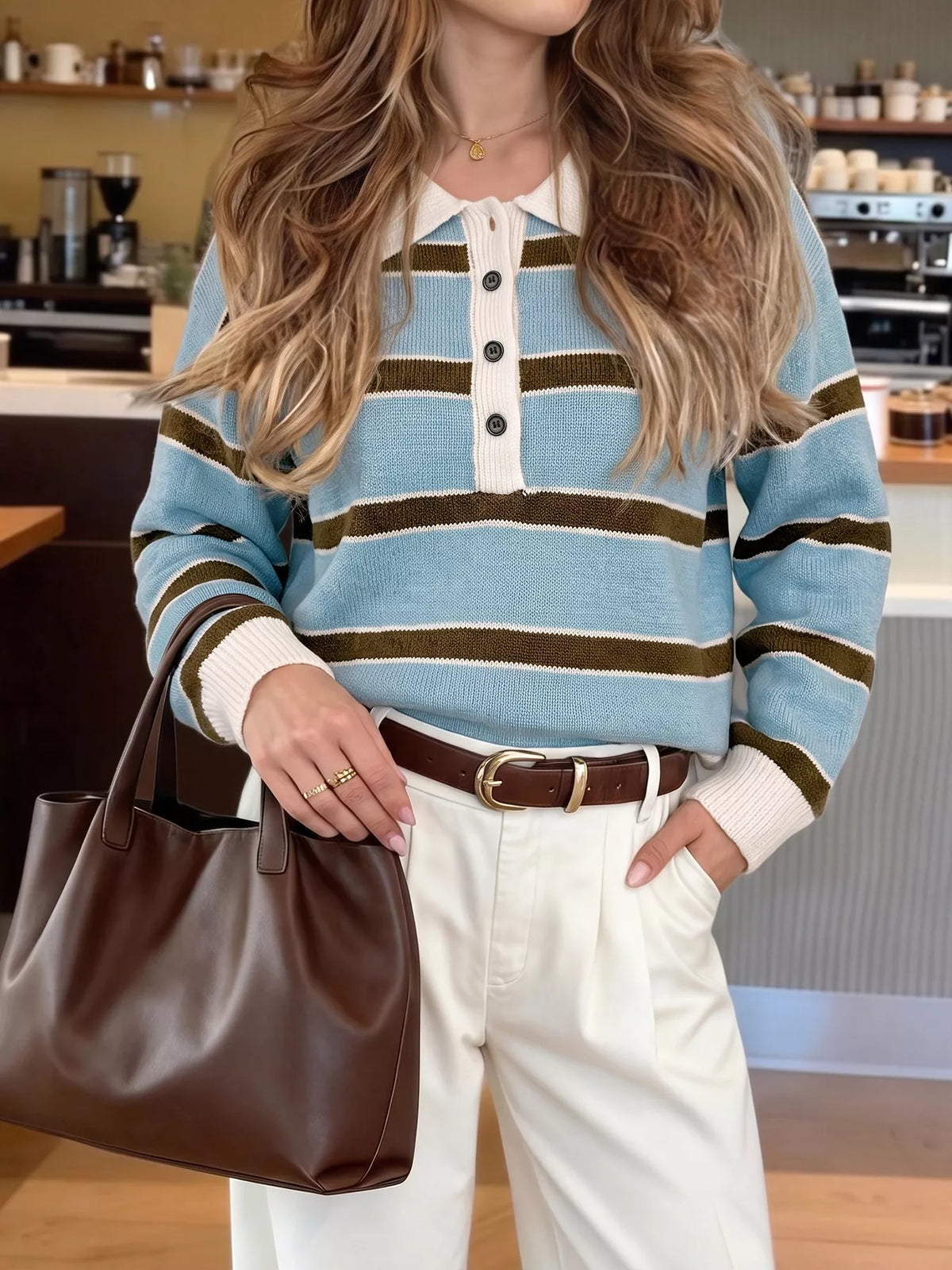 Striped Button Polo Collar Sweater in Blue