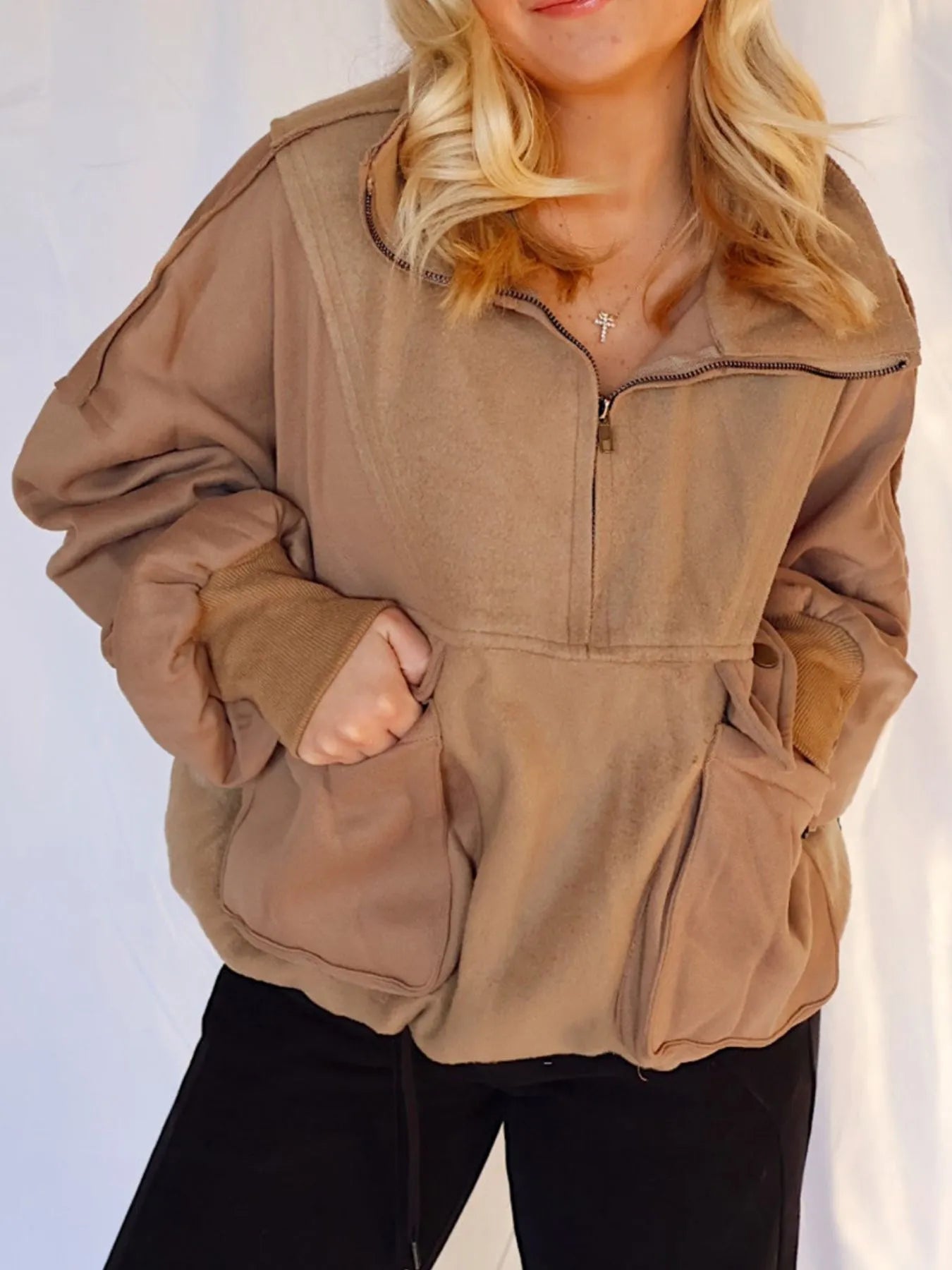 Half Zip Dropped Shoulder Sweatshirt - Fashorio