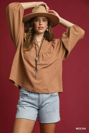 Umgee Textured Notched Blouse with Balloon Sleeves MOCHA - Fashorio