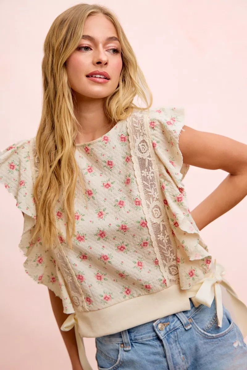 Floral Print Ruffle Sleeve Top, view 32