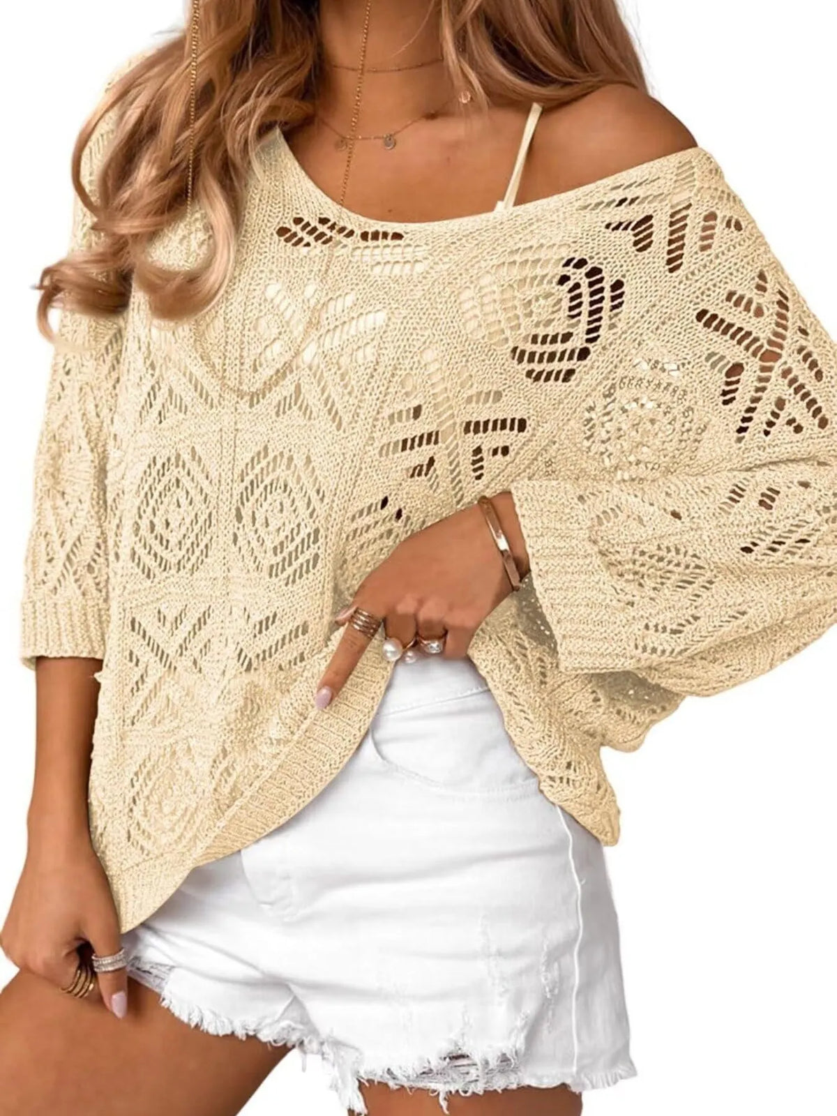 openwork 3/4 sleeve knit cover up styled look