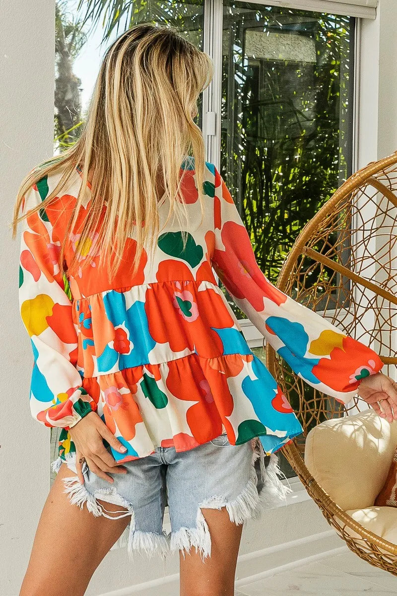 BiBi Floral Woven Tiered V Neck Top - Fashorio
