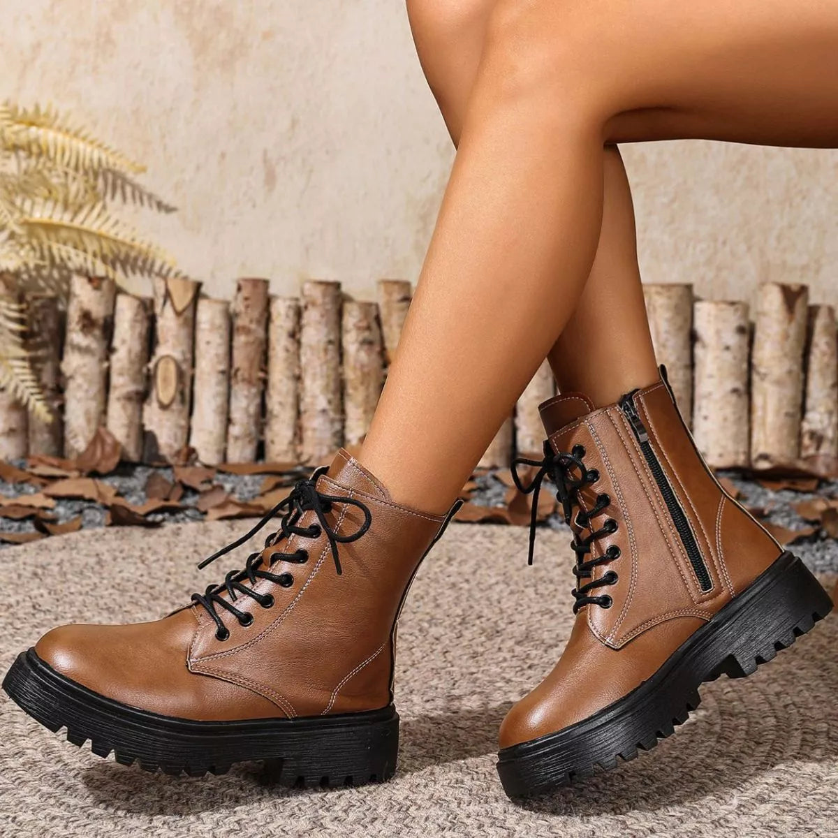 Khaki round toe block heels boots styled with denim