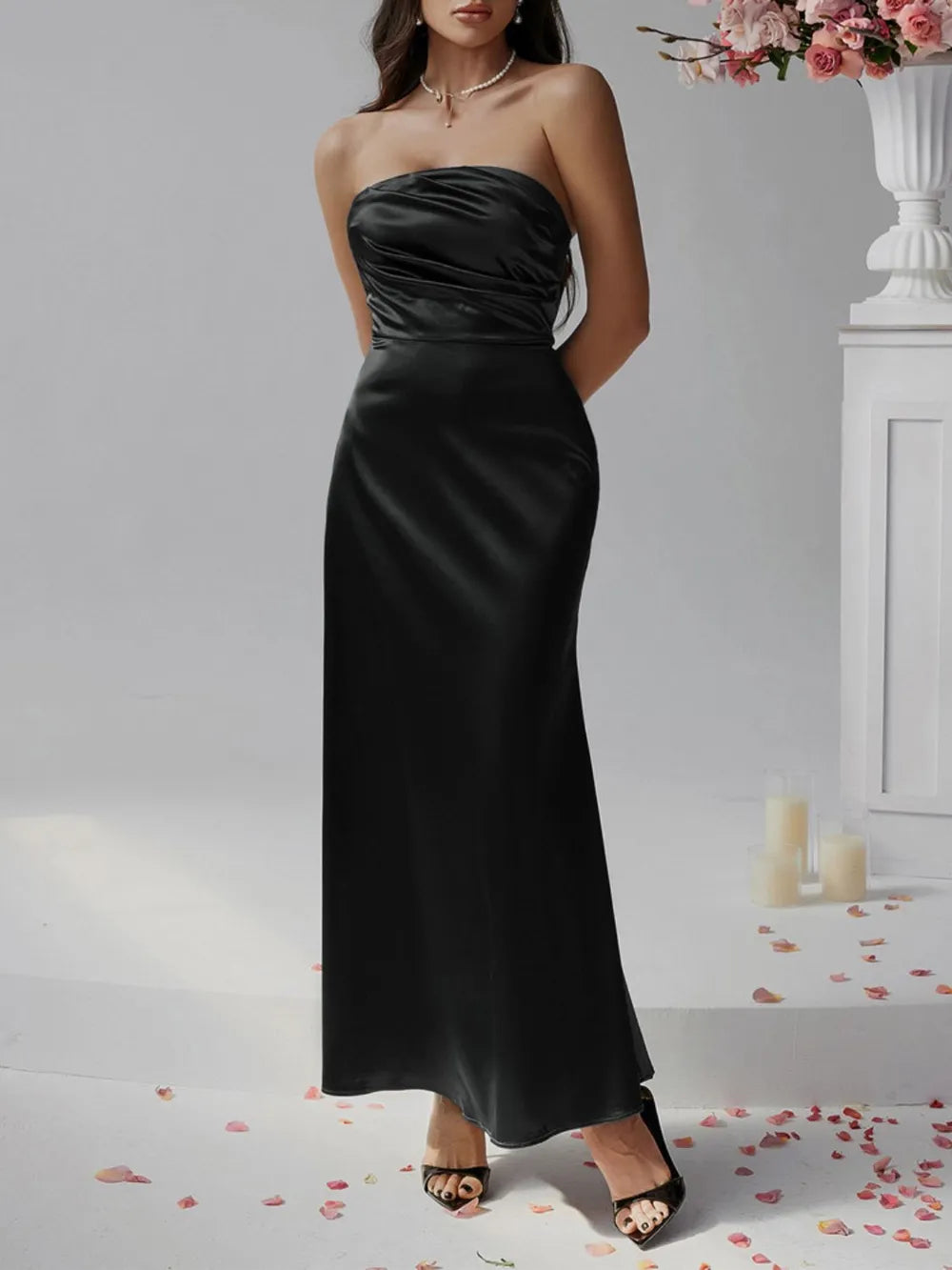 Ruched strapless tube maxi dress, back detail