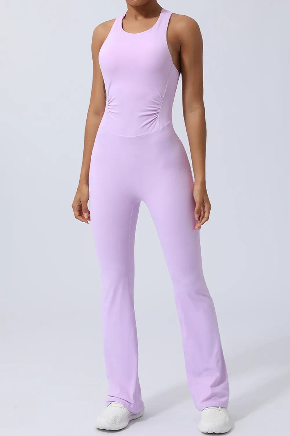 Crisscross wide strap sleeveless jumpsuit angled view