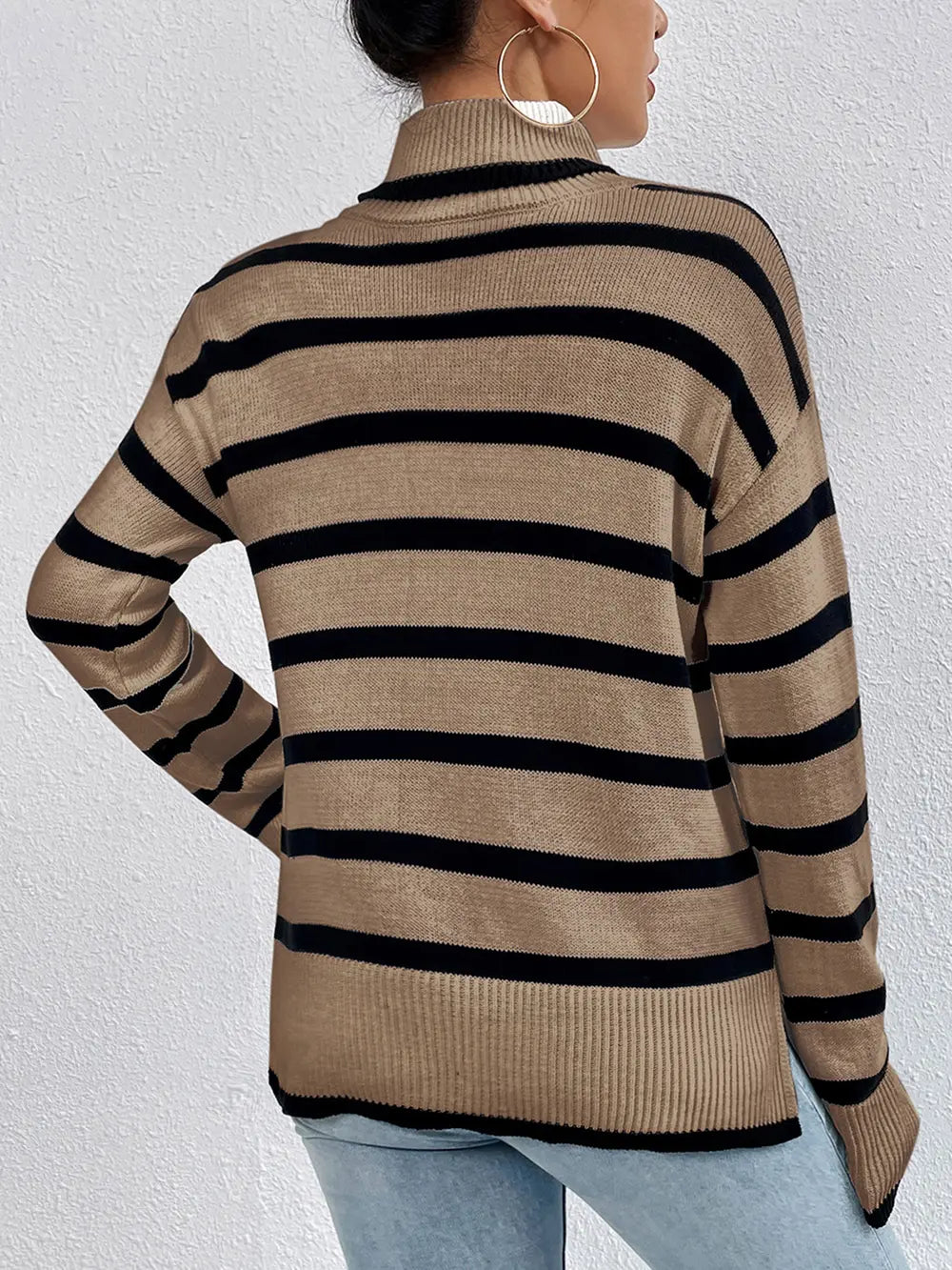Striped Turtleneck Long Sleeve Sweater - Fashorio