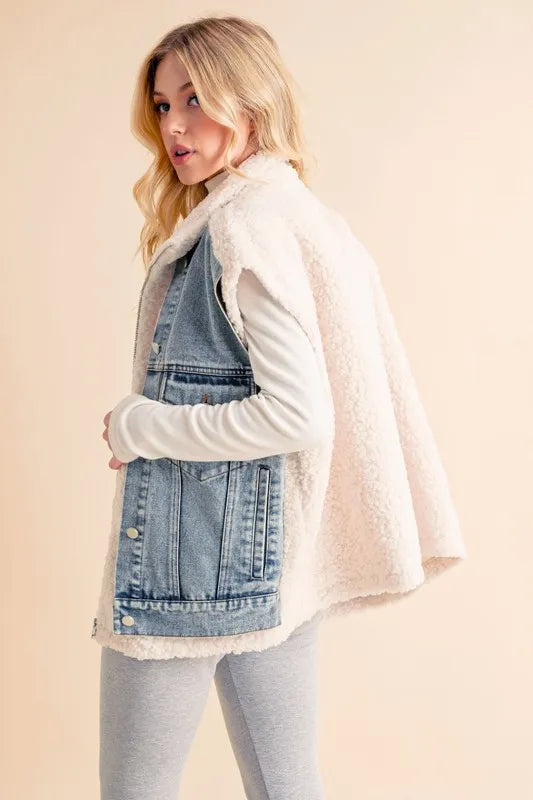 Aemi + Co Fake Two Pieces Denim Patch Sherpa Vest Coat - Fashorio
