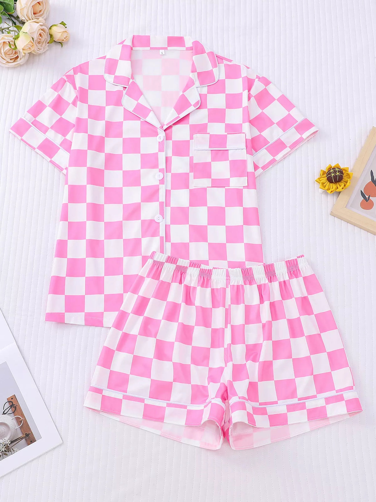 Checkered print button up top and shorts two piece set