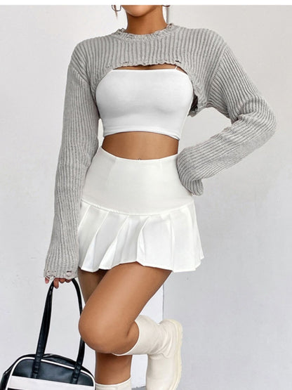 Distressed Long Sleeve Cropped Sweater Heather Gray - Fashorio