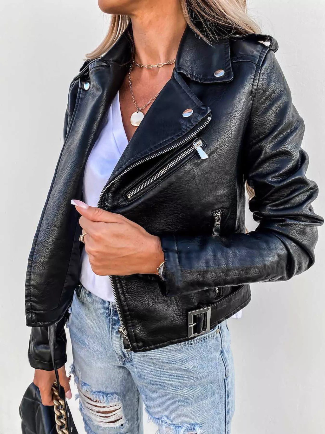 Full Size Zip Up Leather Motorcycle Biker Jacket Plus Size Black - Fashorio