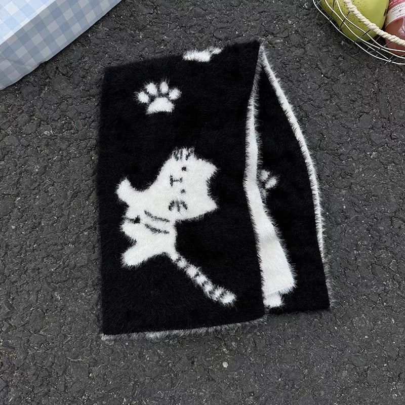 Cute cat paw print plush scarf laid flat to show length