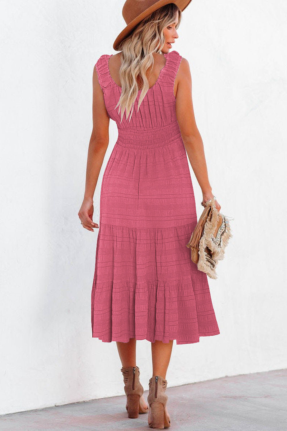 Shirred smocked bodice detail on midi dress