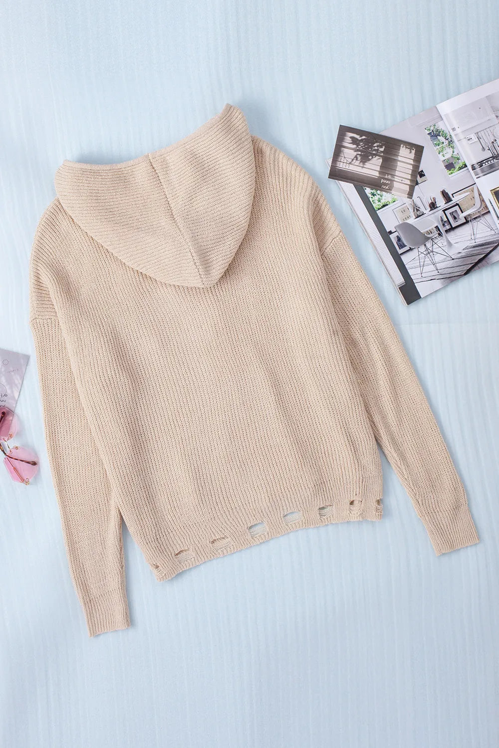 Distressed Zip Up Drawstring Hooded Cardigan - Fashorio